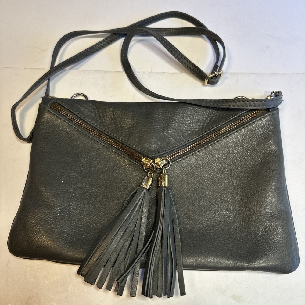 Unbranded Crossbody Gray Leather Purse 11x7" Made In Italy